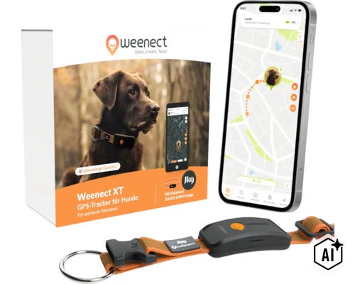 Weenect XT GPS-Tracker für Hunde mit Julius-K9 Halsband und App-Anzeige auf einem Smartphone. (Image AI modified or generated)