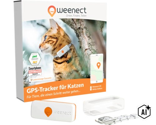 Weenect XS GPS-Tracker für Katzen, White Edition mit Verpackung, Tracker-Gerät, Silikonhülle und Halsband. (Image AI modified or generated)