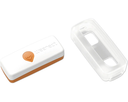 Weenect GPS-Tracker für Haustiere mit einer transparenten Schutzhülle aus Silikon.