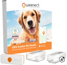 Weenect XS GPS-Tracker für Hunde White Edition mit Verpackung, Tracker-Einheit und zwei transparenten Halterungen. (Image AI modified or generated)