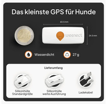 Weenect GPS-Tracker für Hunde mit Größenangaben und Lieferumfang wie Silikonhüllen und Ladekabel.