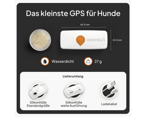 Weenect GPS-Tracker für Hunde mit Größenangaben und Lieferumfang wie Silikonhüllen und Ladekabel.