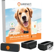 Weenect XS GPS-Tracker für Hunde Black Edition mit Schutzhüllen und Verpackung. (Image AI modified or generated)