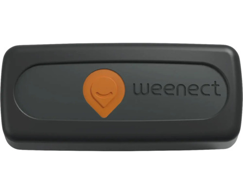 Weenect GPS-Tracker in kompakter, rechteckiger Form mit dem Weenect Logo.