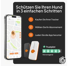Weenect GPS-Tracker für Hunde: Infografik mit 3 Schritten zum Schutz des Hundes, Smartphone mit App-Karte, Trackern und Trustpilot-Bewertung. (Image AI modified or generated)