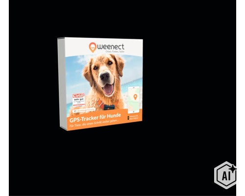 Weenect GPS-Tracker für Hunde Produktverpackung mit Abbildung eines Hundes und Smartphone App (Image AI modified or generated)