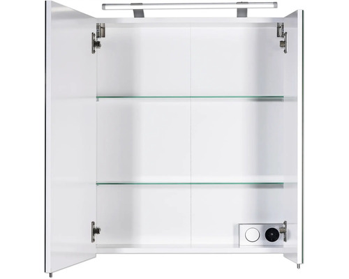 Armoire de toilette ouverte pour salle de bains avec deux tablettes en verre, prise intégrée, interrupteur et éclairage LED sur le dessus.