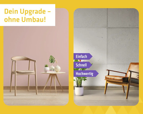Zwei Wohnbeispiele zur Wandgestaltung: Eine glatte Wand mit Holzstuhl und ein modernes Zimmer mit Wandpaneelen in Betonoptik und Ledersessel.