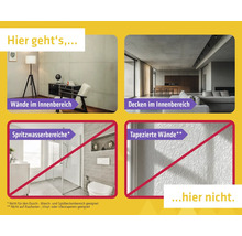 Geeignet für Wände und Decken im Innenbereich. Nicht geeignet für Spritzwasserbereiche oder tapezierte Wände.