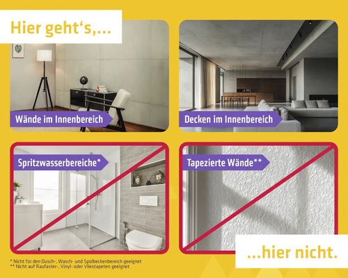 Geeignet für Wände und Decken im Innenbereich. Nicht geeignet für Spritzwasserbereiche oder tapezierte Wände.