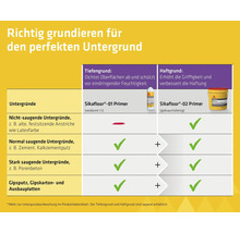 Übersichtstabelle zum Vergleich der Primer Sikafloor-01 und Sikafloor-02 für Untergründe wie Beton, Gips und nicht-saugende Flächen.