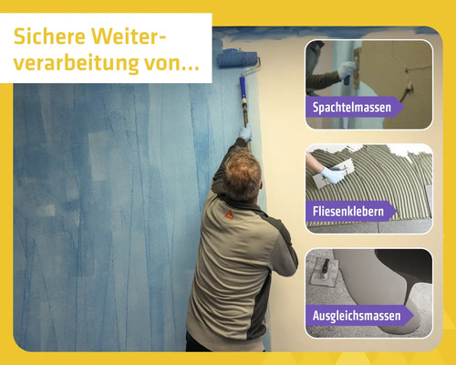 Auftragen von Grundierung auf eine Wand zur Vorbereitung für Spachtelmassen, Fliesenkleber und Ausgleichsmassen. Sika Logo.