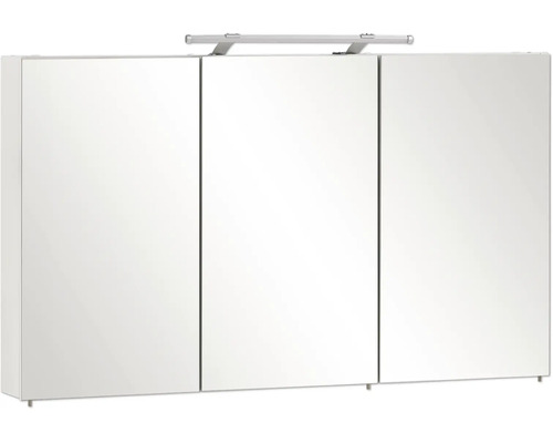 Armoire de toilette à trois portes avec éclairage LED supérieur intégré.