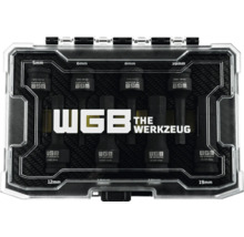 Jeu de huit douilles à chocs WGB avec embouts hexagonaux de cinq à dix-neuf millimètres dans un coffret en plastique.