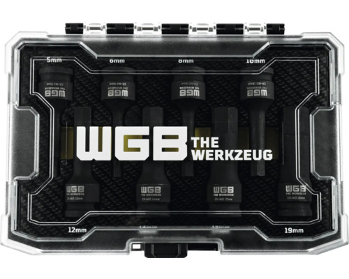 Jeu de huit douilles à chocs WGB avec embouts hexagonaux de cinq à dix-neuf millimètres dans un coffret en plastique.