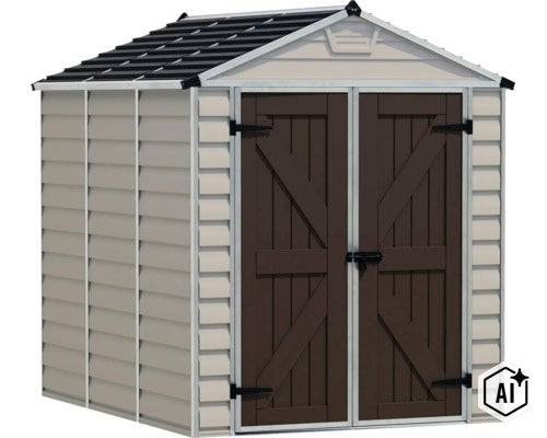 Abri de jardin en plastique avec double porte et toit en pente pour le rangement des outils de jardin (Image AI modified or generated)