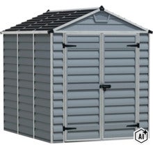 Gerätehaus aus Kunststoff mit Doppeltür und Satteldach (Image AI modified or generated)