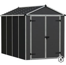 Abri de jardin en plastique avec toit à deux pans et double porte pour le rangement sécurisé des outils de jardin. (Image AI modified or generated)