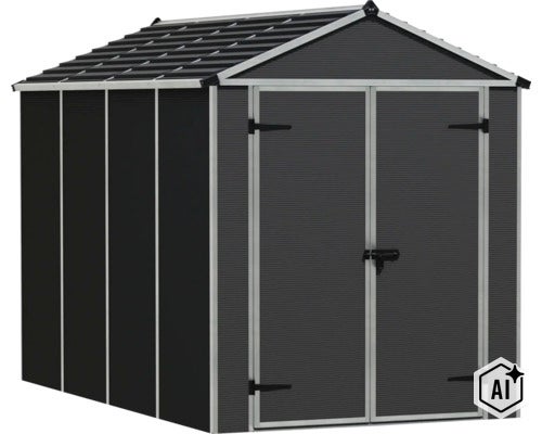 Abri de jardin en plastique avec toit à deux pans et double porte pour le rangement sécurisé des outils de jardin. (Image AI modified or generated)