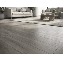 Salon moderne avec sol stratifié aspect bois, lames gris-brun avec veinage apparent dans une ambiance lumineuse et spacieuse.