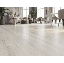 Revêtement de sol aspect bois dans un salon clair, spacieux et moderne avec canapé, fauteuils et plantes.