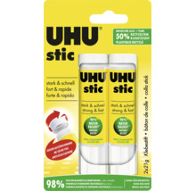 Pack de deux bâtons de colle UHU stic de 21 grammes, sans solvant et à 98 pour cent d'origine naturelle.