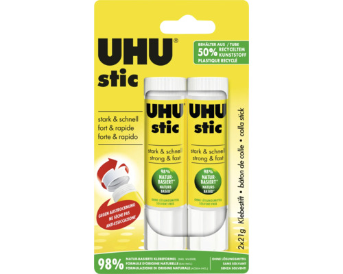 Pack de deux bâtons de colle UHU stic de 21 grammes, sans solvant et à 98 pour cent d'origine naturelle.