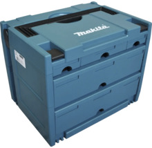 Makita Werkzeugbox MAKPAC mit drei Schubladen und Tragegriff. Makita Logo auf der Oberseite.