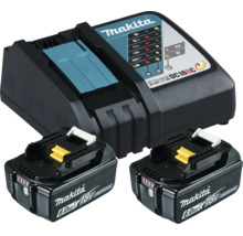 Chargeur rapide Makita DC18RC avec deux batteries lithium-ion 18 Volts et 6,0 Ampères-heures.