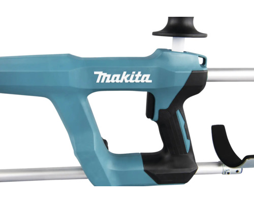 Vue détaillée de la poignée d'un outil de jardin Makita avec Makita Logo, poignée ergonomique et repose-bras.