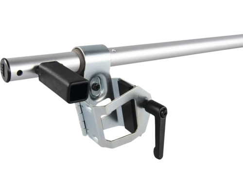 Support métallique avec levier de serrage noir sur une barre ronde en aluminium.