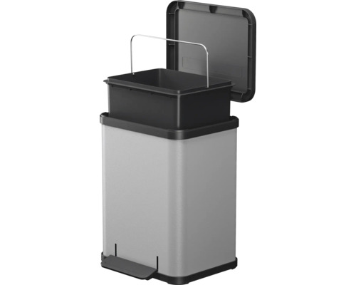 Poubelle à pédale avec seau intérieur en plastique et boîtier en métal avec couvercle ouvert