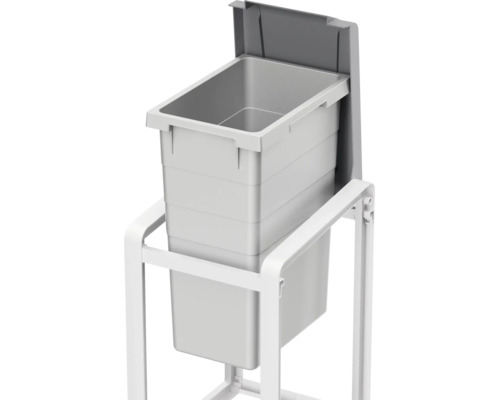 Poubelle encastrable avec bac en plastique et systeme coulissant pour montage dans un meuble de cuisine.
