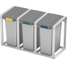 Système de tri des déchets avec trois poubelles et des marquages de couleur dans un cadre en métal