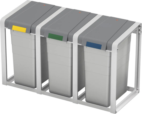 Système de tri des déchets avec trois poubelles et des marquages de couleur dans un cadre en métal