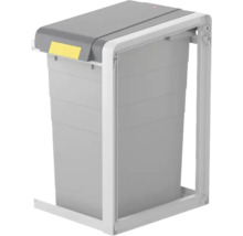 Poubelle encastrable en plastique avec un seau amovible et un cadre de montage pour armoire de cuisine.
