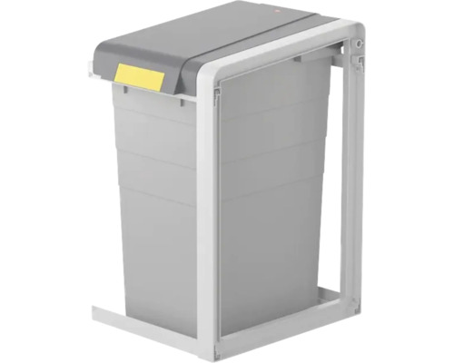 Poubelle encastrable en plastique avec un seau amovible et un cadre de montage pour armoire de cuisine.