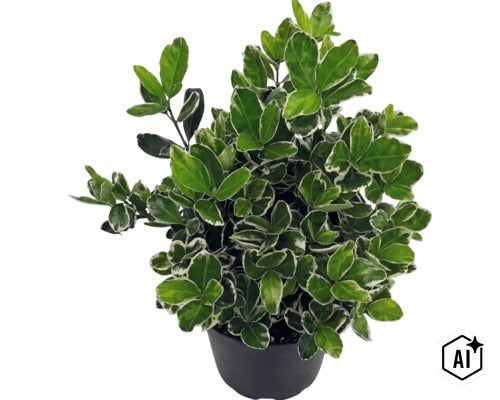 Fusain rampant Euonymus fortunei Emerald Gaiety dans un pot en plastique noir. (Image AI modified or generated)
