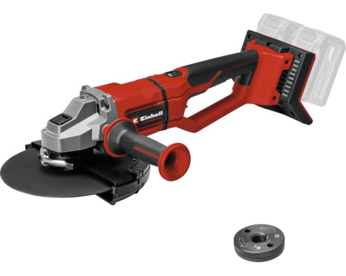 Meuleuse d'angle sans fil Einhell Professional rouge et noire avec moteur sans balais, poignée supplémentaire et écrou de serrage rapide.