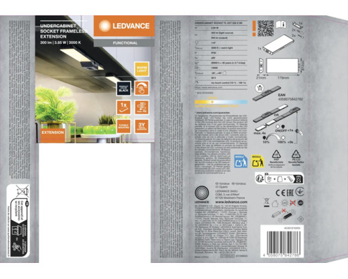 LED Unterbauleuchte dimmbar mit Steckdosen 3,85W 250 lm 3000 K 17,9 cm Undercabinet Sockel schwarz Erweiterung für Panel