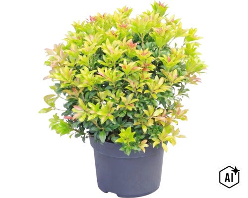 Pieris japonica touffue dans un pot sombre avec un feuillage dense et de jeunes pousses rougeâtres. (Image AI modified or generated)