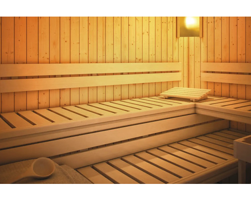 Vue intérieure d'un sauna en bois avec des bancs sur deux niveaux, des dossiers, un appui-tête et un éclairage.