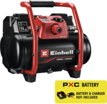 Compresseur sans fil Einhell Power X-Change avec poignée de transport rouge et cuve noire, livré sans batterie ni chargeur.