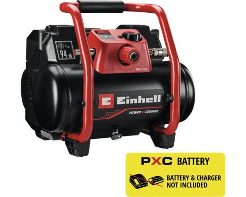 Compresseur sans fil Einhell Power X-Change avec poignée de transport rouge et cuve noire, livré sans batterie ni chargeur.