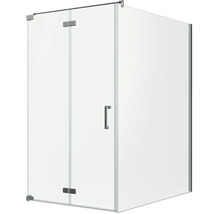 Cabine de douche d'angle sans cadre en verre transparent, avec charnières chromées et poignée moderne.