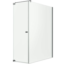 Cabine de douche en verre transparent avec porte pivotante, paroi latérale, profilés chromés et barre de stabilisation.