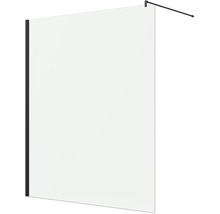 Walk-In-Duschwand aus klarem Glas mit schwarzem Wandprofil und Stabilisierungsstange.