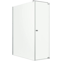 Cabine de douche en verre avec une porte, des profilés métalliques et une poignée de porte ronde.