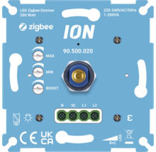 Variateur LED Zigbee ION 200 Watt pour montage encastré avec réglages pour minimum maximum et boost incluant bornes de raccordement.