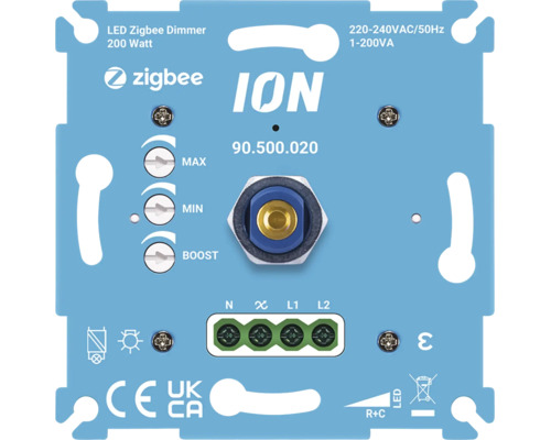 Variateur LED Zigbee ION 200 Watt pour montage encastré avec réglages pour minimum maximum et boost incluant bornes de raccordement.